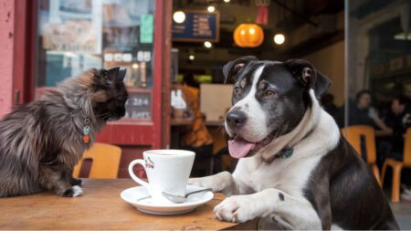 Un chien et un chat assis ensemble dans un café en Chine, représentant la tendance des animaux de compagnie travaillant dans des établissements pour divertir les clients.