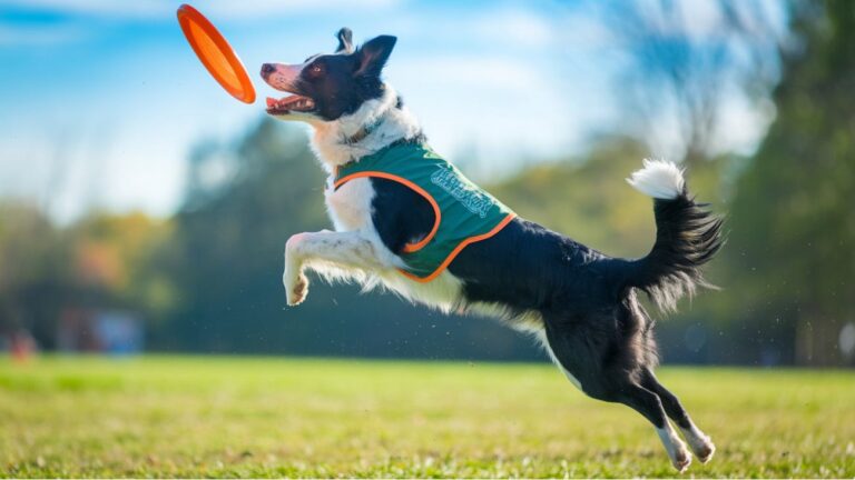 Border Collie sautant pour attraper un frisbee orange, portant un gilet de sport dans un parc