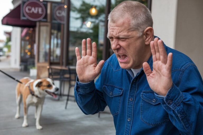 Un homme exprimant un geste de peur ou d'appel à l'aide, un chien apparaît en arrière-plan.