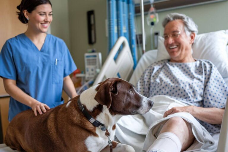 Chien en visite dans une chambre d’hôpital