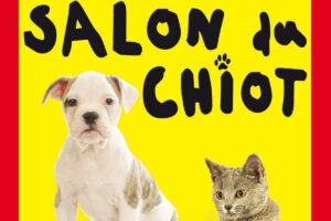 Affiche promotionnelle du Salon du Chiot à Villefranche-sur-Saône, mettant en avant un chiot et un chaton, avec les dates de l’événement (30 novembre et 1er décembre 2024) et les informations principales.