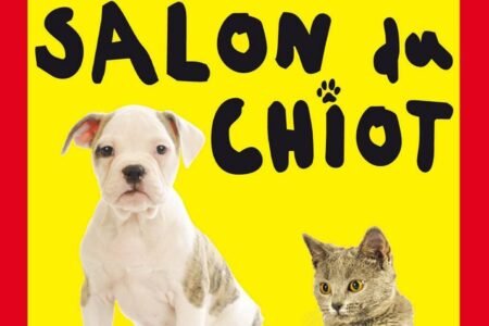 Affiche promotionnelle du Salon du Chiot à Villefranche-sur-Saône, mettant en avant un chiot et un chaton, avec les dates de l’événement (30 novembre et 1er décembre 2024) et les informations principales.