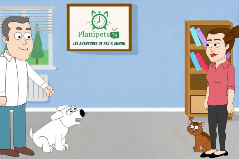 Illustration pour Planipets TV montrant les personnages Rex, Minou, Léa et Franck dans un décor cartoon 2D, avec un cadre Planipets sur le mur.