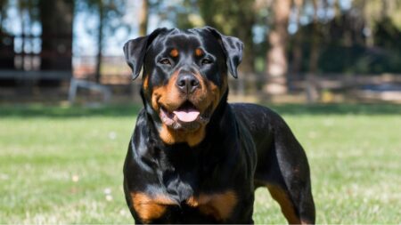 Portrait rapproché d'un Rottweiler souriant dans un jardin, montrant sa robe caractéristique noir et feu et son expression amicale