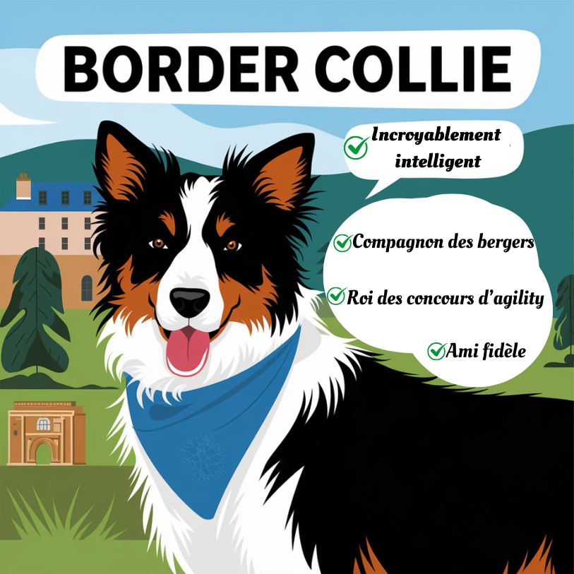 Illustration d'un Border Collie avec des caractéristiques clés comme incroyablement intelligent, compagnon des bergers, roi des concours d'agility, et ami fidèle.