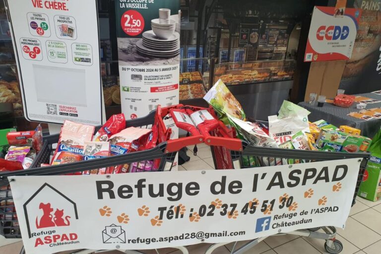 Image de la collecte de dons organisée par le CCDD à Châteaudun pour les animaux, avec des sacs de croquettes et d’autres produits offerts pour l’ASPAD.