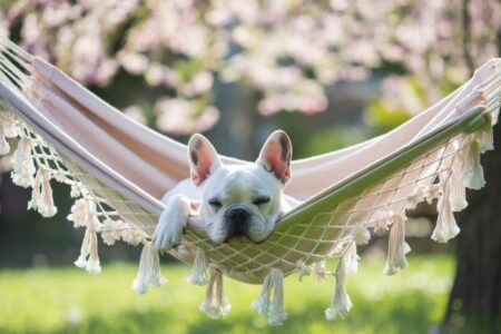 Un chien adulte allongé dans un panier avec une couverture, dans un intérieur chaleureux, évoquant la sérénité et le confort pour un chien calme