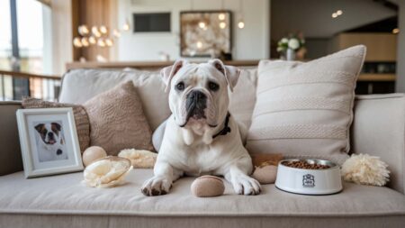 Un chien de race bouledogue français, assis sur un canapé dans un salon élégant, entouré d'accessoires et de jouets, symbolisant l'humanisation des animaux de compagnie et leur intégration dans la famille.