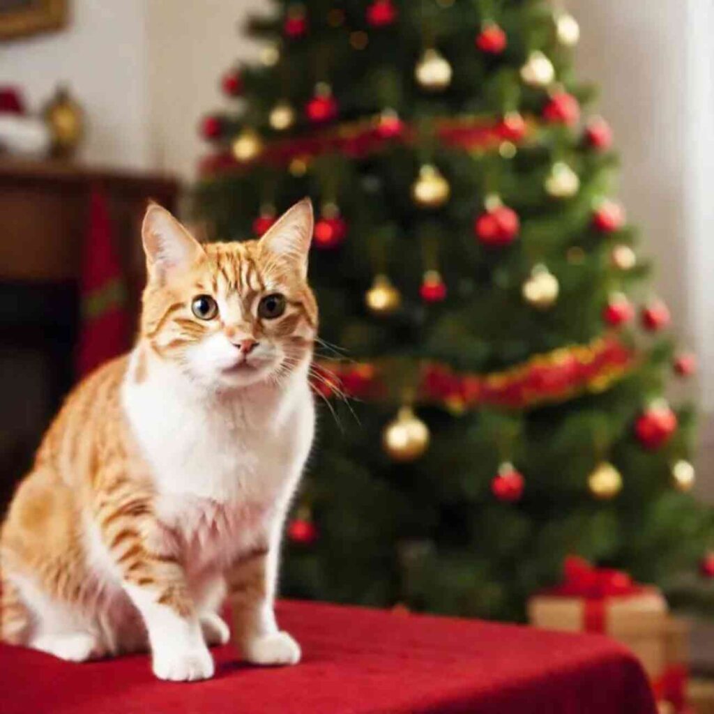 Chat portant un ruban de Noël, entouré de décorations festives, symbolisant l'esprit des fêtes pour les propriétaires de chats.