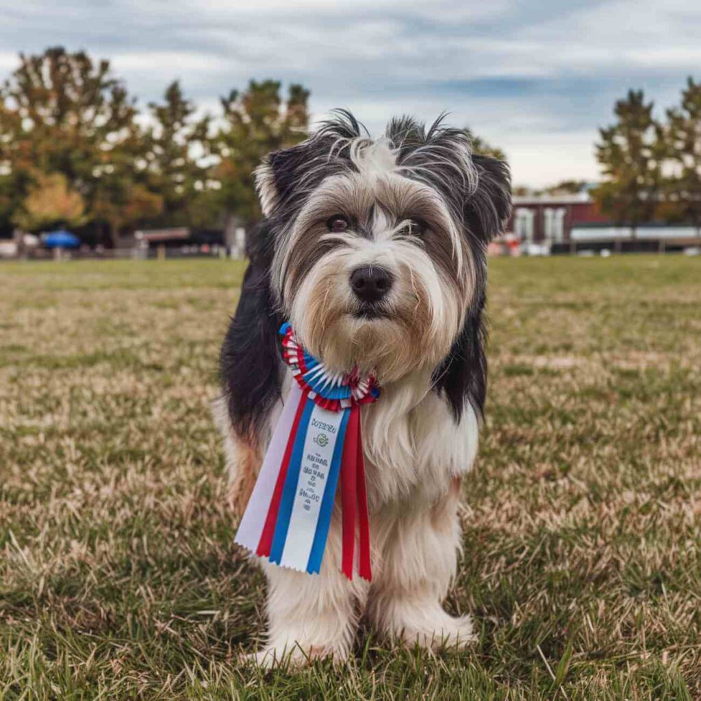 Un chien portant un foulard tricolore dans un parc, représentant le rôle des animaux de compagnie comme soutien émotionnel et social pour les personnes en difficulté en France.