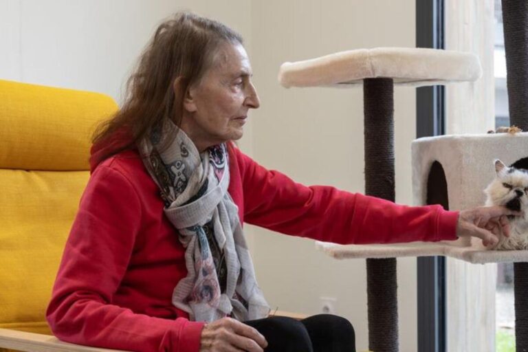 En Gironde, un EHPAD dit oui aux animaux : une bouffée d’air frais pour les seniors Une résidente d'EHPAD partage un moment complice avec son chien, dans une atmosphère chaleureuse et conviviale. L'image met en lumière l'initiative innovante d'intégrer les animaux de compagnie dans les établissements pour personnes âgées.