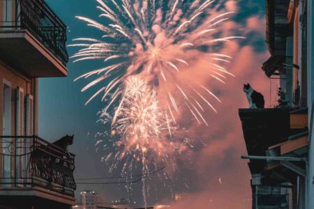 Feu d’artifice illuminant le ciel nocturne, symbolisant les festivités du Nouvel An, avec une mise en avant des impacts sur les animaux de compagnie.