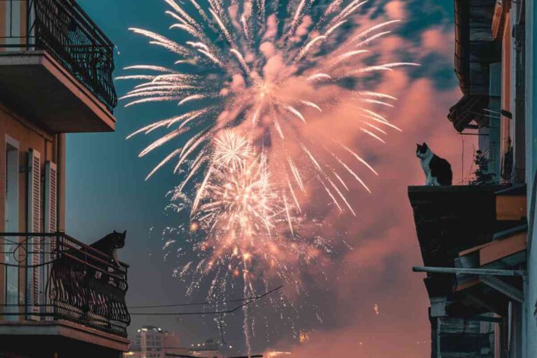 Feu d’artifice illuminant le ciel nocturne, symbolisant les festivités du Nouvel An, avec une mise en avant des impacts sur les animaux de compagnie.
