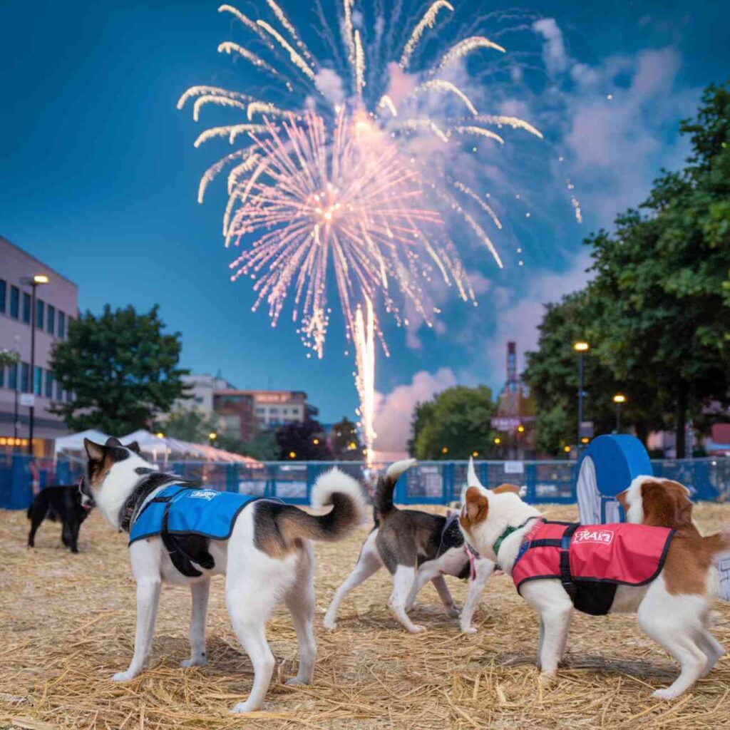 Feux d’artifice dans un ciel nocturne, avec une foule de personnes célébrant, représentant les festivités du Nouvel An et leur impact potentiel sur les animaux.