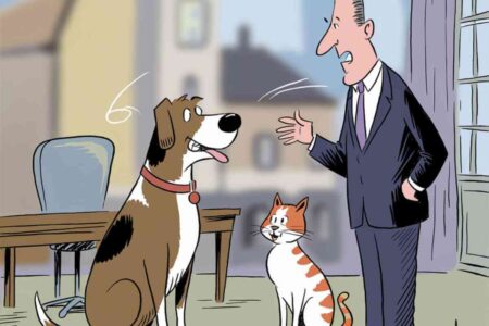 Illustration d'une initiative de la mairie de Lyon sur la communication inter-espèces, mettant en scène des agents municipaux en interaction symbolique avec un chien et des plantes.