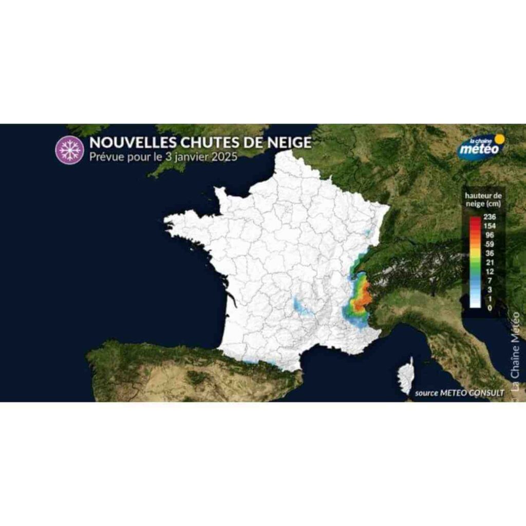 Carte de la France avec des zones climatiques hivernales, indiquant les chutes de neige et le refroidissement prévu pour janvier 2025