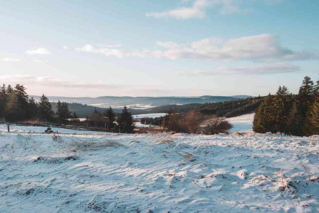 Paysage hivernal avec un lac entouré de montagnes enneigées, idéal pour des vacances avec des animaux de compagnie en janvier 2025.