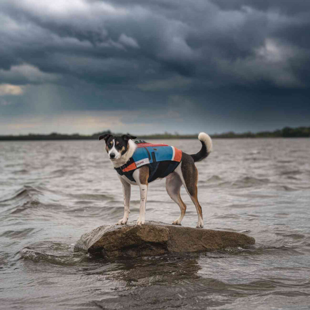 Un chien debout sur une plage agitée, face à des vagues et un ciel orageux, représentant les défis pour les animaux pendant les tempêtes.