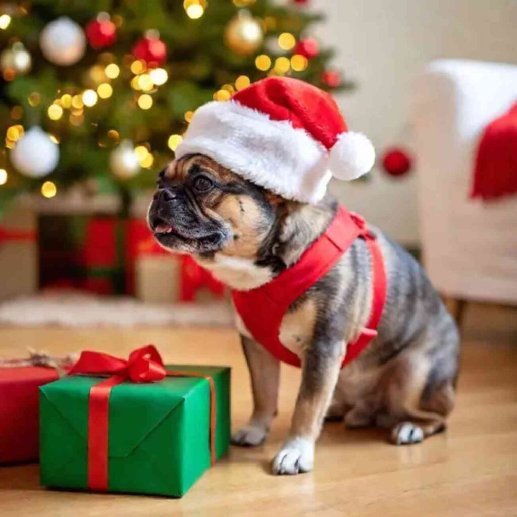 Chien en bonnet de Noël jouant avec un cadeau devant un sapin décoré dans une ambiance festive