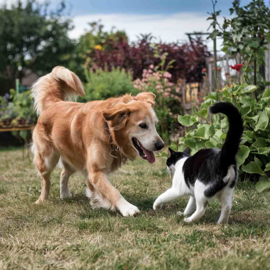 Un chien et un chat jouent ensemble dans un jardin verdoyant, entourés de fleurs et d'arbustes, symbole de cohabitation harmonieuse entre animaux de compagnie.