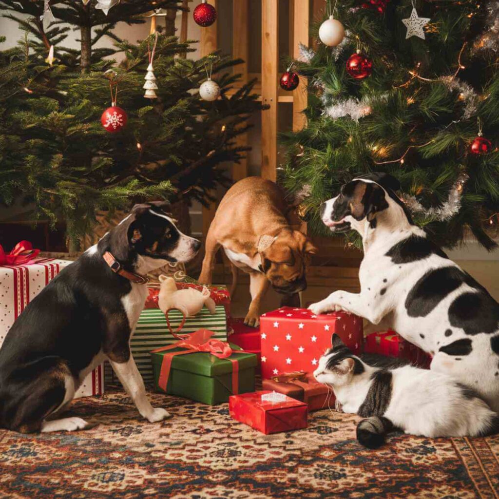 Deux chiots et un chat allongés devant un sapin de Noël décoré, entourés de cadeaux de Noël.