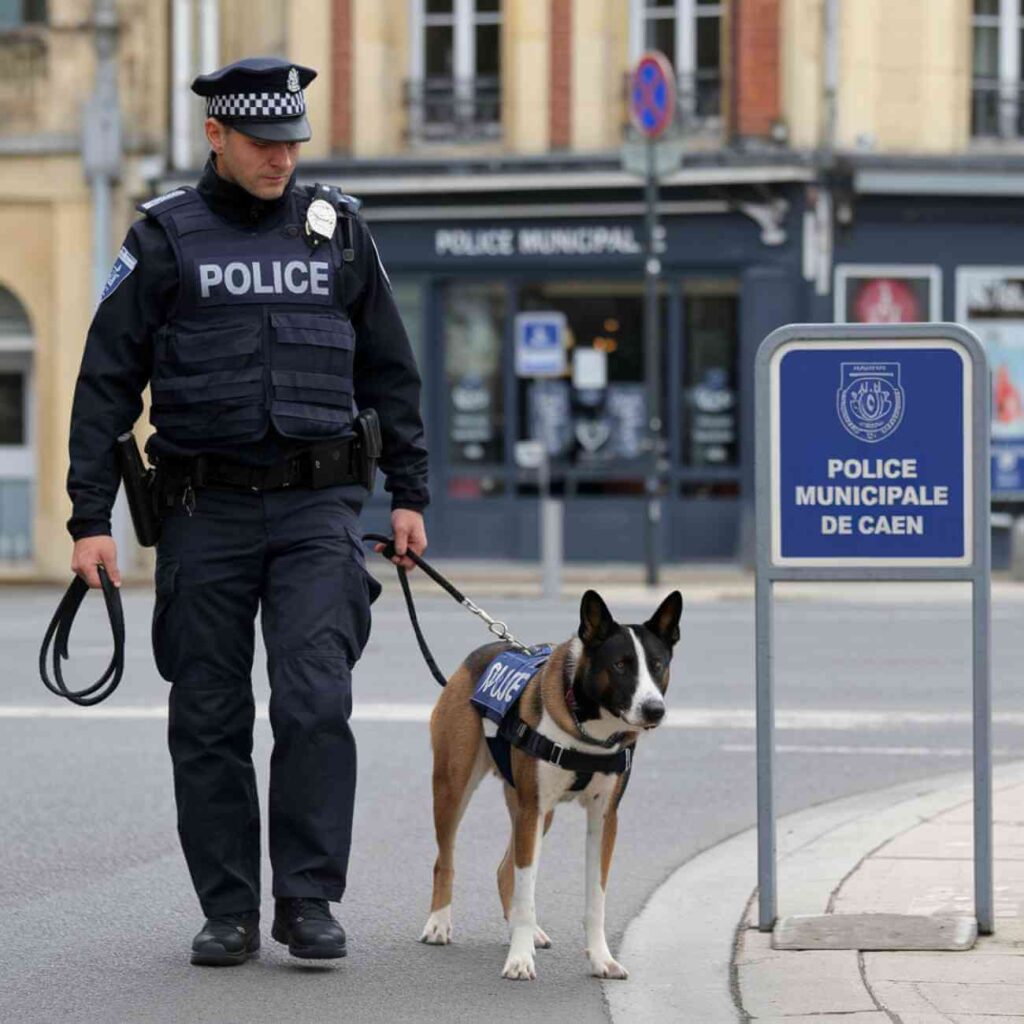 Un policier municipal et un chien en patrouille devant un bâtiment public à Caen, symbolisant la nouvelle brigade canine.