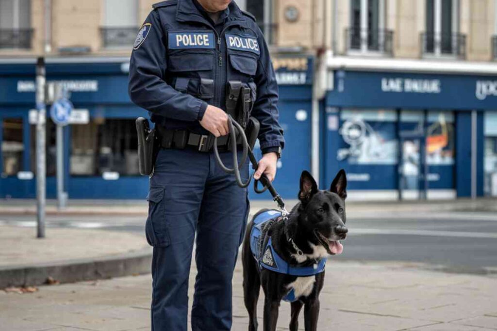 Policier municipal avec un chien en patrouille dans les rues de Caen, représentant la nouvelle brigade canine