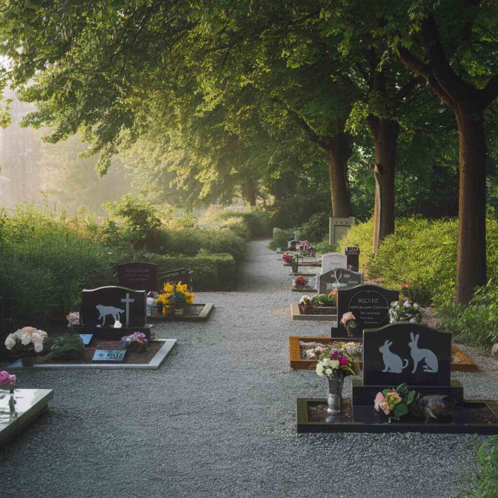 Image illustrative d’un cimetière animalier entouré de verdure, avec des allées arborées et des tombes soigneusement disposées dans un cadre apaisant.