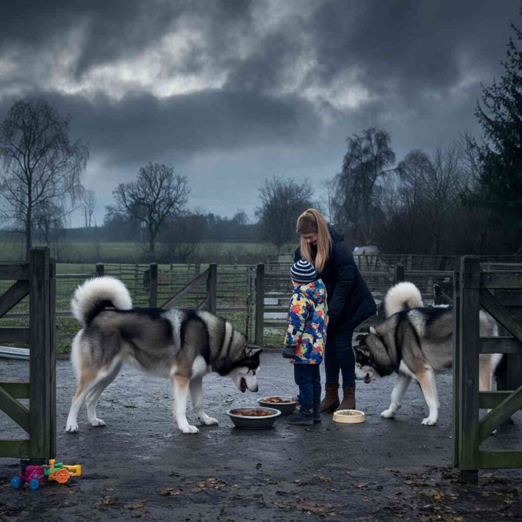 Élevage familial avec plusieurs chiens de grande taille dans une cour clôturée, sous un ciel sombre et nuageux. L’environnement est rural, avec des arbres et des bâtiments visibles en arrière-plan.