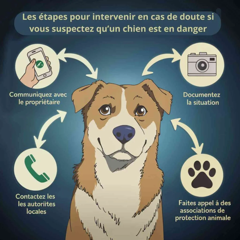 Illustration montrant un chien entouré d'icônes décrivant les étapes pour intervenir en cas de doute sur une situation de maltraitance animale, incluant des actions comme communiquer avec le propriétaire, documenter les faits, et contacter les autorités ou associations.