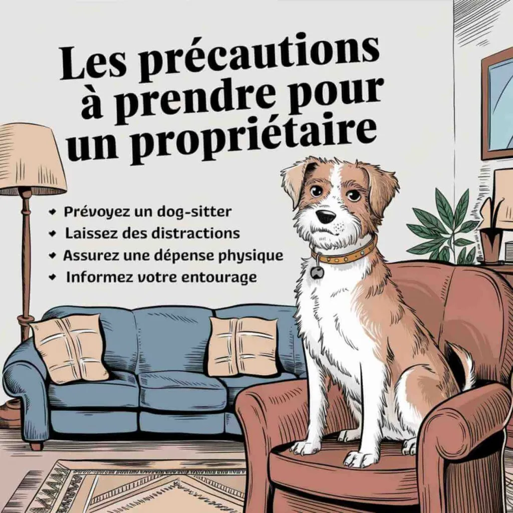 Illustration montrant un chien dans un environnement domestique accompagné de conseils pour les propriétaires sur les précautions à prendre, comme engager un dog-sitter, fournir des distractions ou informer les voisins.
