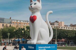 Illustration d’un chat stylisé avec un décor imaginaire représentant l’Exposition Féline de Marseille 2025.