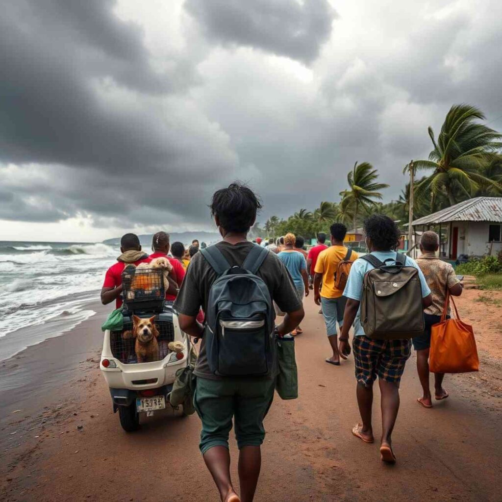 Illustration montrant des habitants de Mayotte simulant une évacuation avec leurs animaux de compagnie en cas de tempête, utilisant des cages de transport pour les chats et des laisses pour les chiens, conformément aux consignes de sécurité.