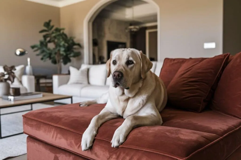 Photo d'un chien seul dans un salon, avec un air triste, symbolisant la problématique des chiens laissés seuls trop longtemps sans surveillance.