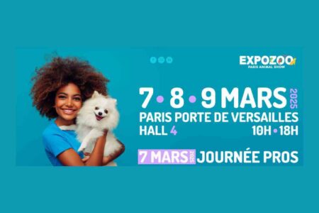 Affiche officielle du Paris Animal Show 2025 indiquant les dates de l’événement : 7, 8 et 9 mars au Parc des Expositions de la Porte de Versailles à Paris.