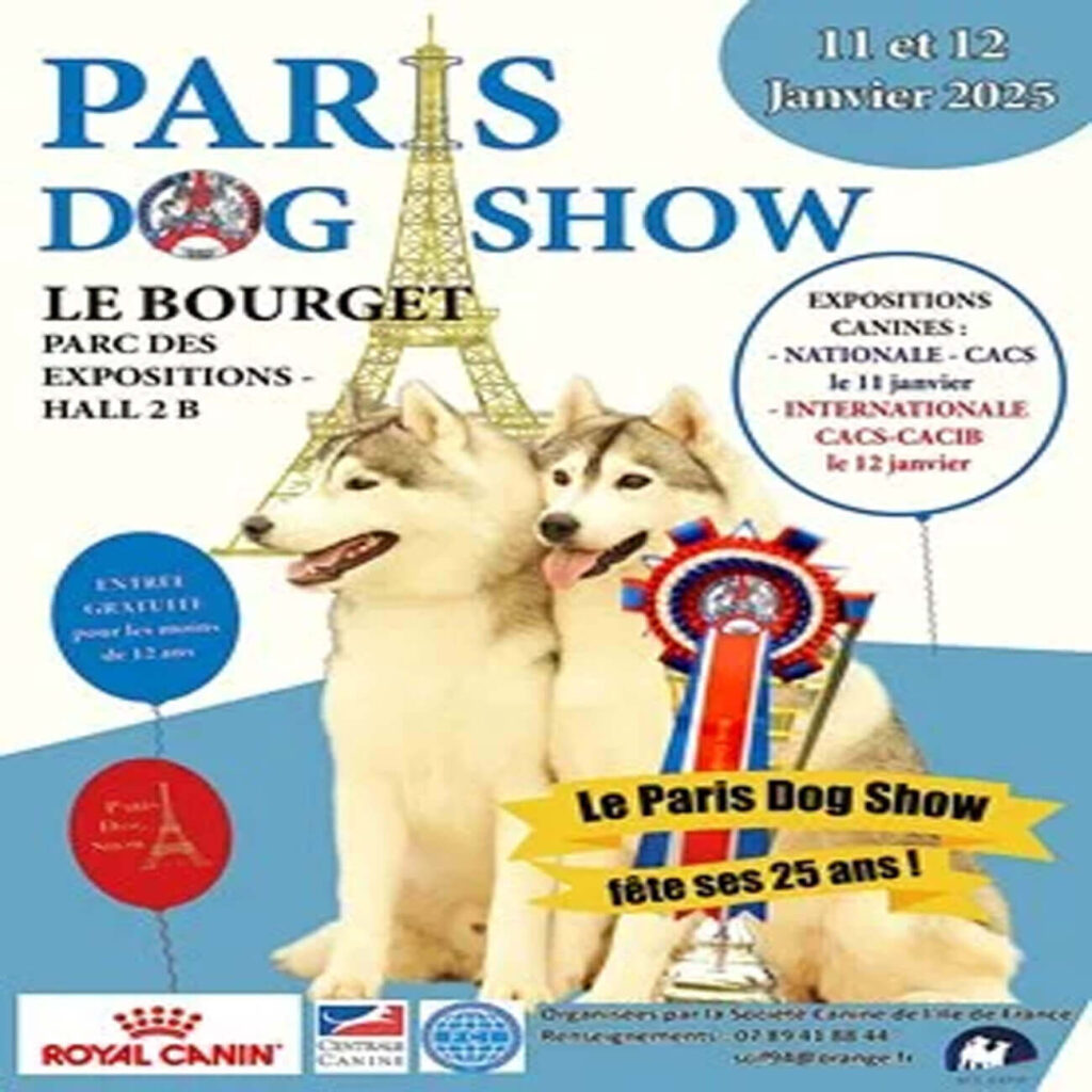 Affiche officielle du Paris Dog Show 2025 présentant un magnifique chien de race avec des informations sur la date, le lieu et les concours prévus.