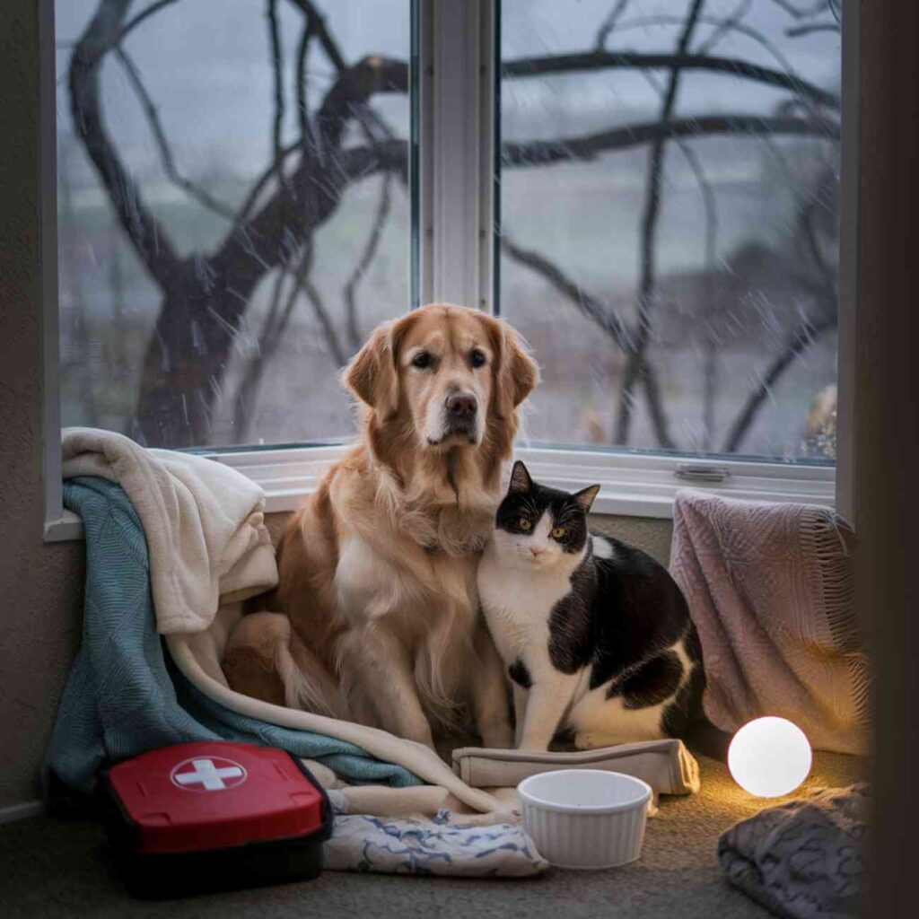 Illustration d’un chien assis près d’une fenêtre par temps de tempête, montrant les mesures à prendre pour assurer la sécurité des animaux de compagnie en cas de vents violents.