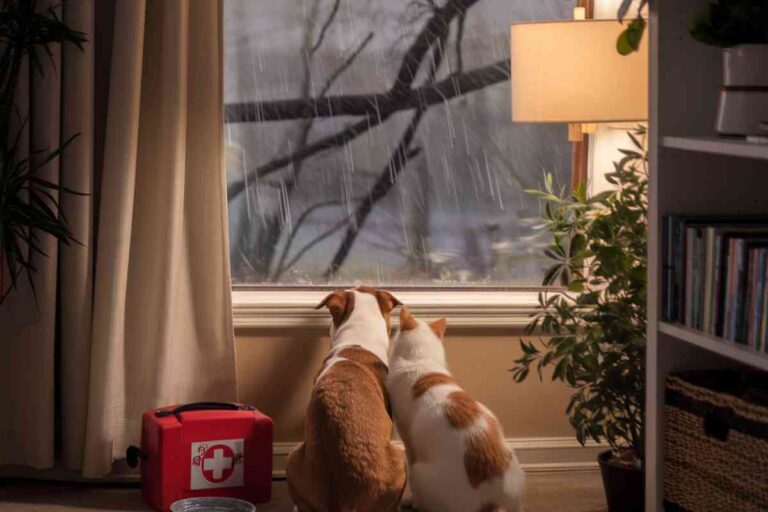 Illustration d’un chien et d’un chat abrités à l’intérieur d’une maison pendant une tempête, symbolisant la sécurité des animaux de compagnie face aux conditions climatiques extrêmes