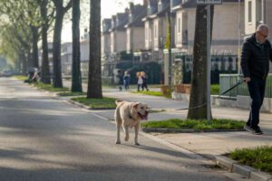 Val-de-Marne : cet arrêté qui pourrait changer vos promenades avec votre chien à Joinville-le-Pont Photo illustrative d'une rue de Joinville-le-Pont bordée d'arbres, avec un propriétaire promenant son chien en laisse courte, dans un contexte de réglementation municipale stricte