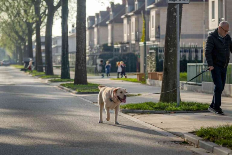 Photo illustrative d'une rue de Joinville-le-Pont bordée d'arbres, avec un propriétaire promenant son chien en laisse courte, dans un contexte de réglementation municipale stricte