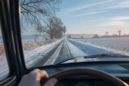 Vue depuis l'intérieur d'une voiture en hiver, montrant une route verglacée et bordée d'arbres sous un ciel bleu clair. Une main sur le volant symbolise la vigilance face aux conditions hivernales.