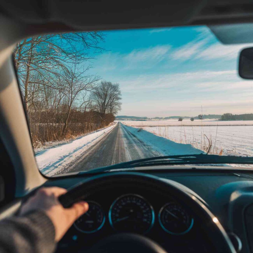 Vue depuis l'intérieur d'une voiture en hiver, montrant une route verglacée et bordée d'arbres sous un ciel bleu clair. Une main sur le volant symbolise la vigilance face aux conditions hivernales.