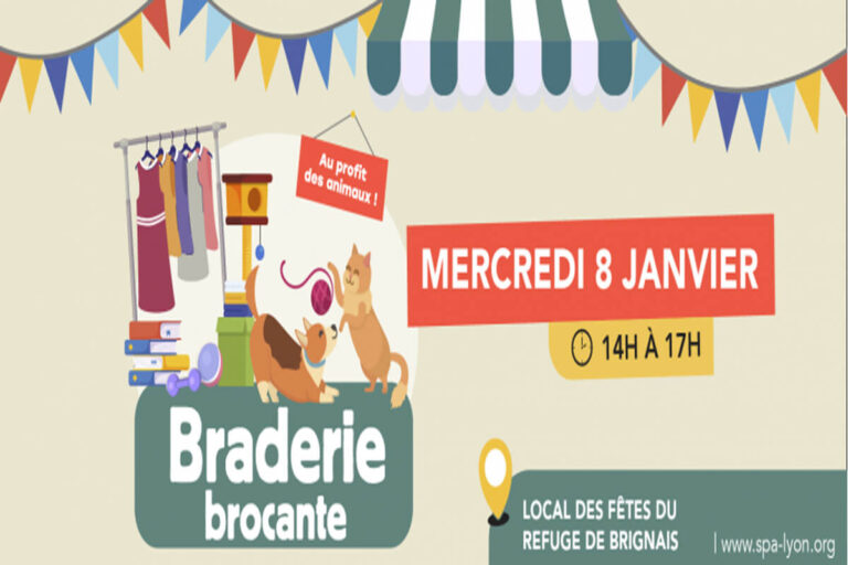 Affiche de la braderie solidaire de la SPA de Lyon au refuge de Brignais, le 8 janvier 2025, avec mention des bonnes affaires et du soutien aux animaux abandonnés.