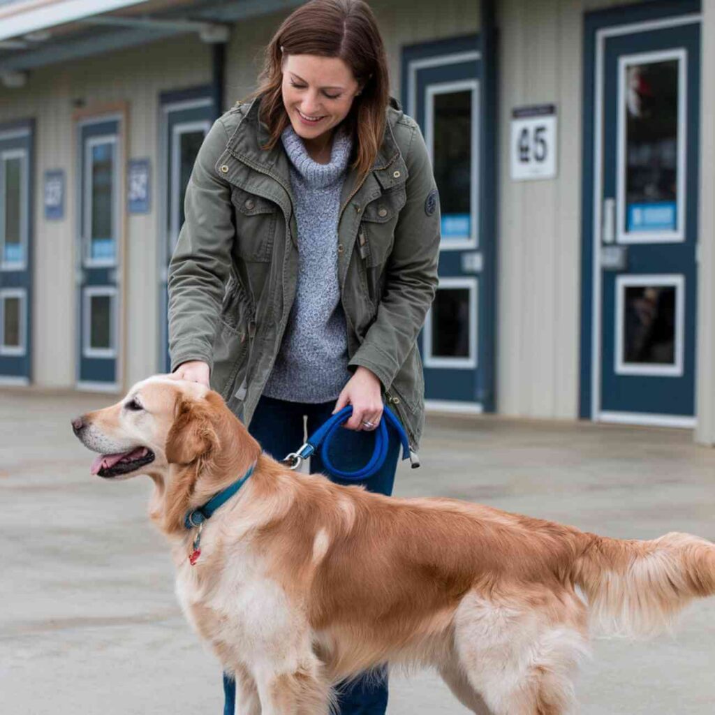 Une femme promène un chien de grande taille en laisse, illustrant l'importance du mode de vie dans le choix d’un compagnon canin.