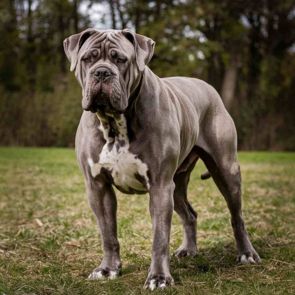 Un chien de race en extérieur, debout sur l’herbe, observant son environnement avec attention.