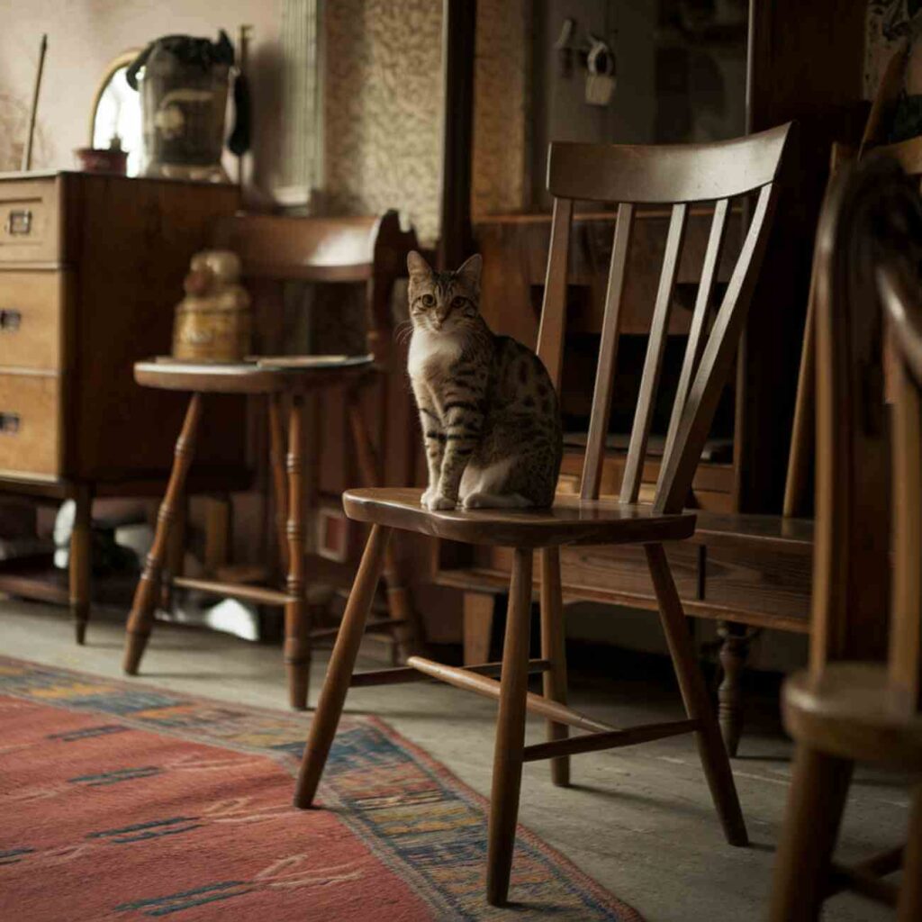 Un chat assis seul dans une pièce, regardant autour de lui, illustrant l’attente et le sentiment de solitude en l'absence de son propriétaire.