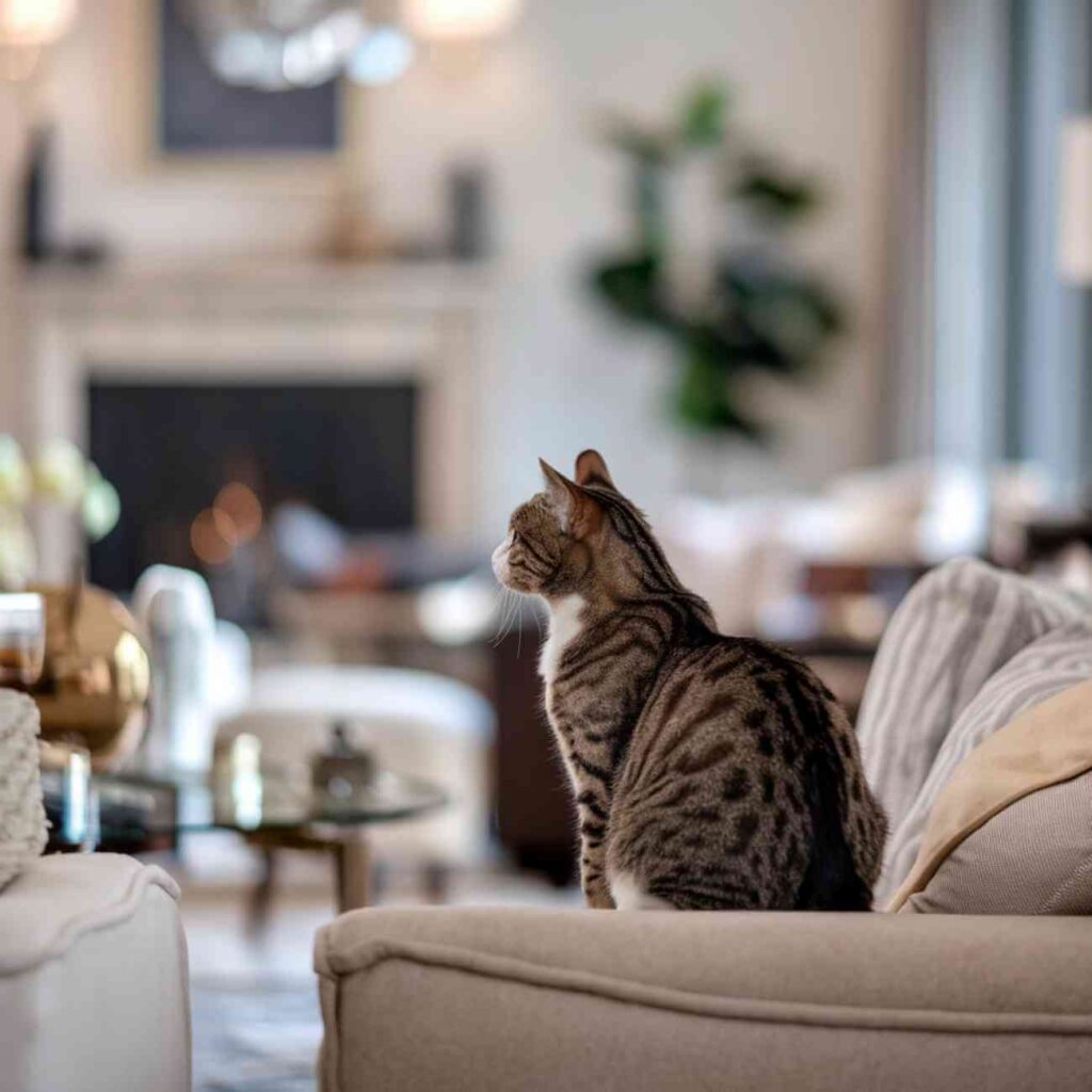 Un chat allongé sur un canapé, l’air pensif, illustrant l’attente et le comportement d’un félin en l'absence de son propriétaire.