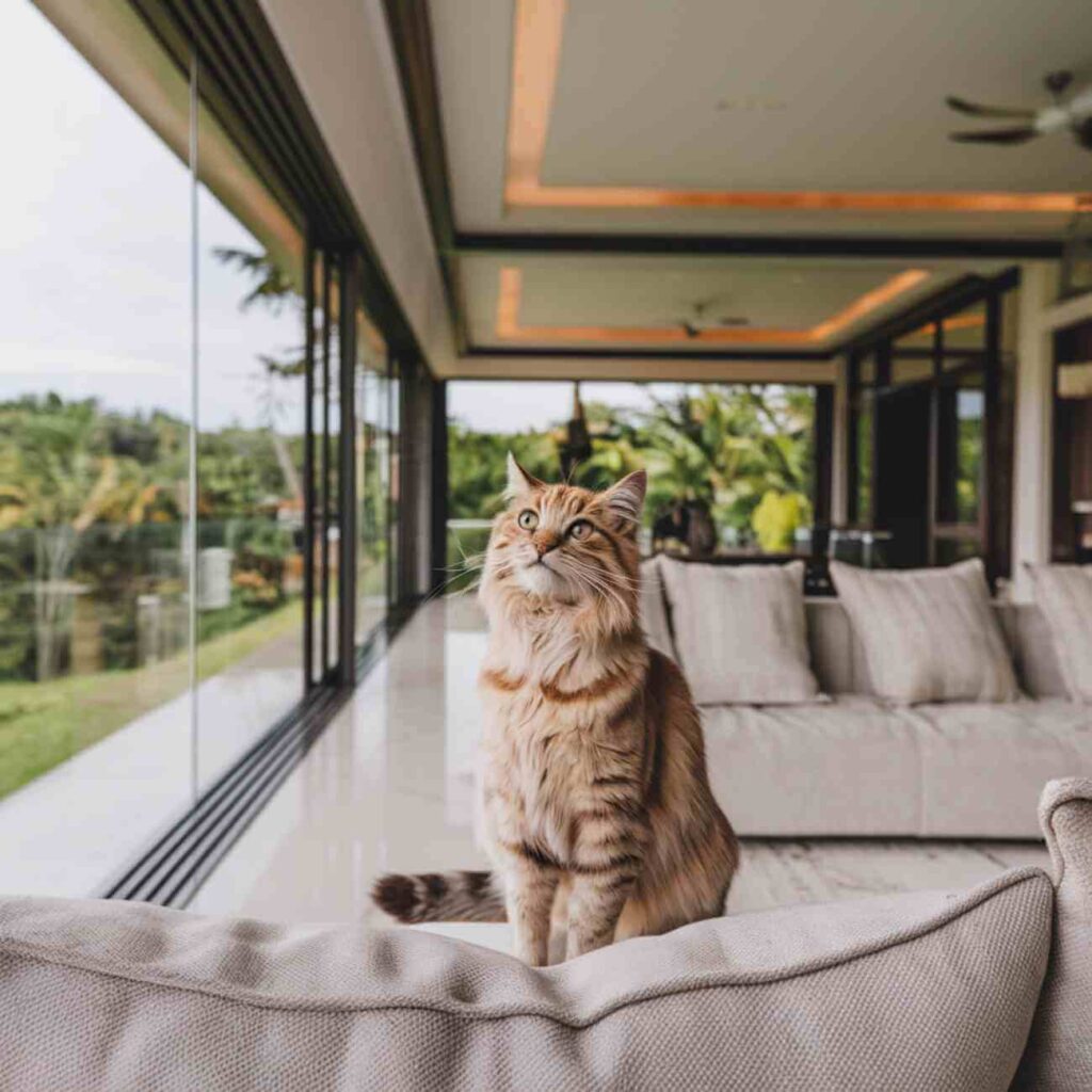 Un chat assis sur un balcon, regardant au loin, semblant attendre le retour de son propriétaire.