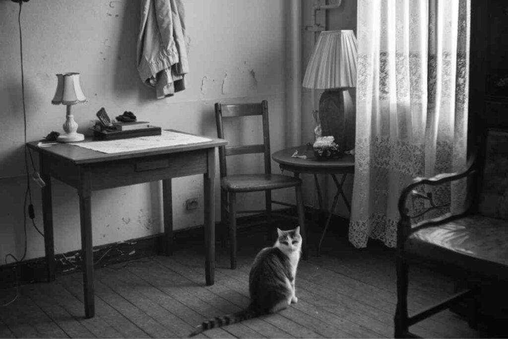 Un chat seul dans un salon vide, regardant vers la porte, illustrant l’attente et l’anxiété lors de l'absence de son propriétaire.