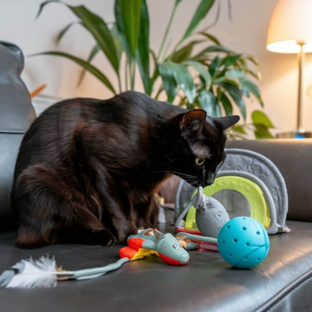 Un chien jouant avec des jouets colorés sur une surface, illustrant des produits testés dans le cadre des réunions Kobaka.